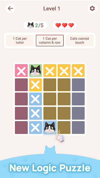 Meowdoku Level 1 gameplay screenshot showing a colorful cat puzzle board